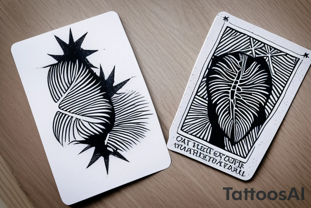The star tarot card with water from a river along the edge and a starry background. Monstera deliciosa leaves in the bottom half of the card. XVII in the border. tattoo idea