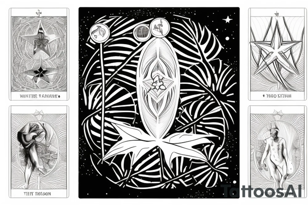 The star tarot card with water from a river along the edge and a starry background. Monstera deliciosa leaves in the bottom half of the card. XVII in the border. tattoo idea