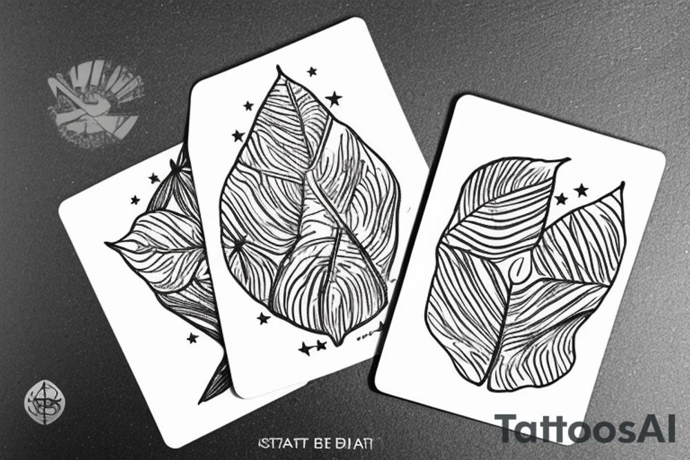 The star tarot card with water from a river along the edge and a starry background. Monstera deliciosa leaves in the bottom half of the card. XVII in the border. tattoo idea