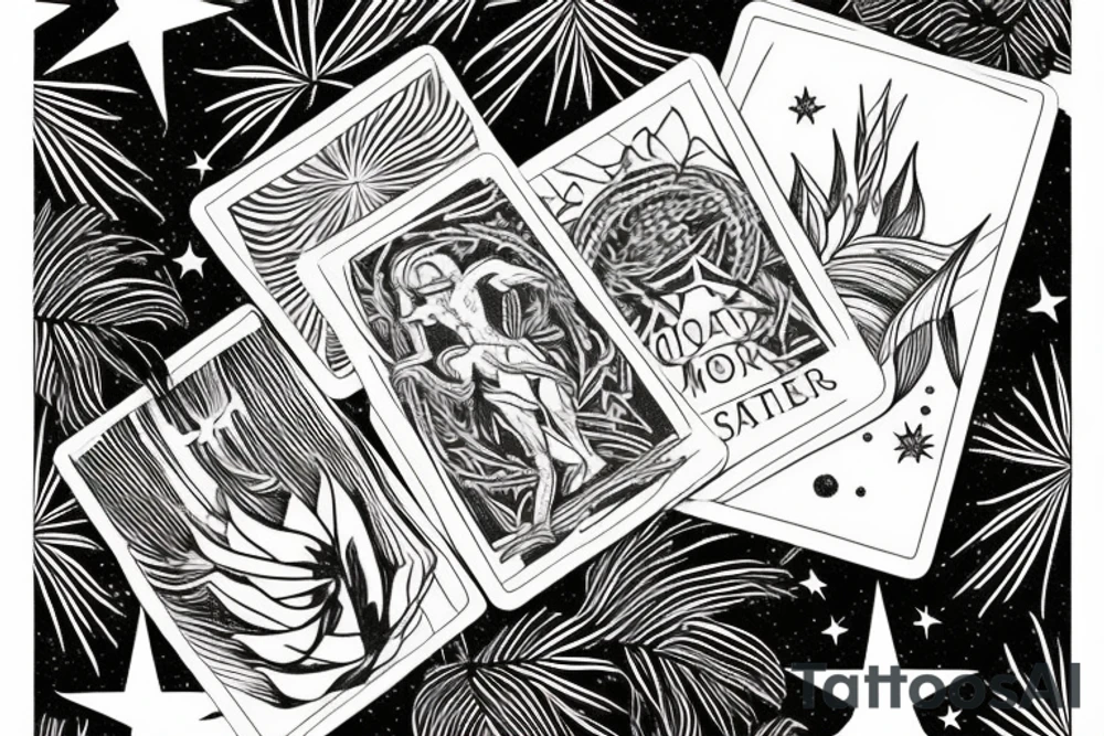 The star tarot card with water from a river along the edge and a starry background. Monstera deliciosa leaves in the bottom half of the card. XVII in the border. tattoo idea