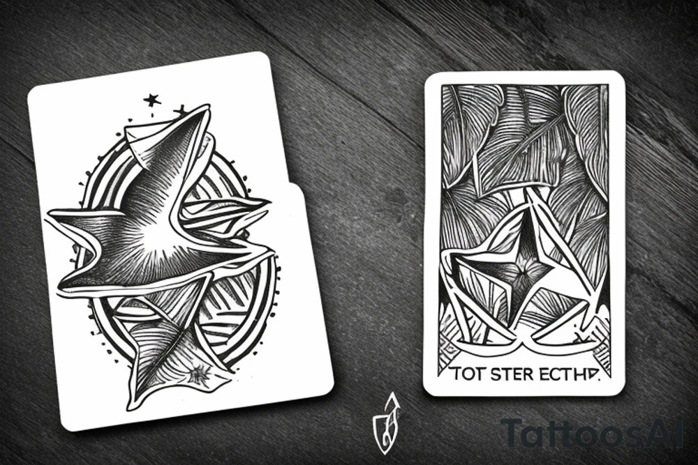 The star tarot card with water from a river along the edge and a starry background. Monstera deliciosa leaves in the bottom half of the card. XVII in the border. tattoo idea