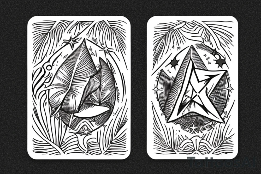 The star tarot card with water from a river along the edge and a starry background. Monstera deliciosa leaves in the bottom half of the card. XVII in the border. tattoo idea