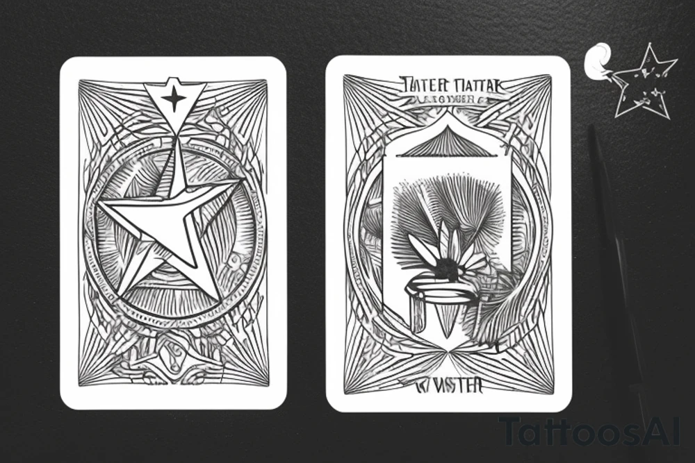 The star tarot card with water from a river along the edge and a starry background. Monstera deliciosa leaves in the bottom half of the card. XVII in the border. tattoo idea