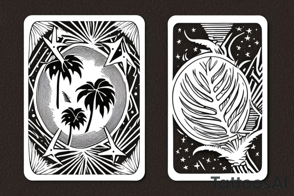 The star tarot card with water from a river along the edge and a starry background. Monstera deliciosa leaves in the bottom half of the card. XVII in the border. tattoo idea