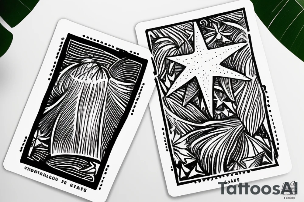 The star tarot card with water from a river along the edge and a starry background. Monstera deliciosa leaves in the bottom half of the card. XVII in the border. tattoo idea