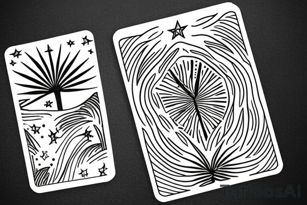 The star tarot card with water from a river along the edge and a starry background. Monstera deliciosa leaves in the bottom half of the card. XVII in the border. tattoo idea