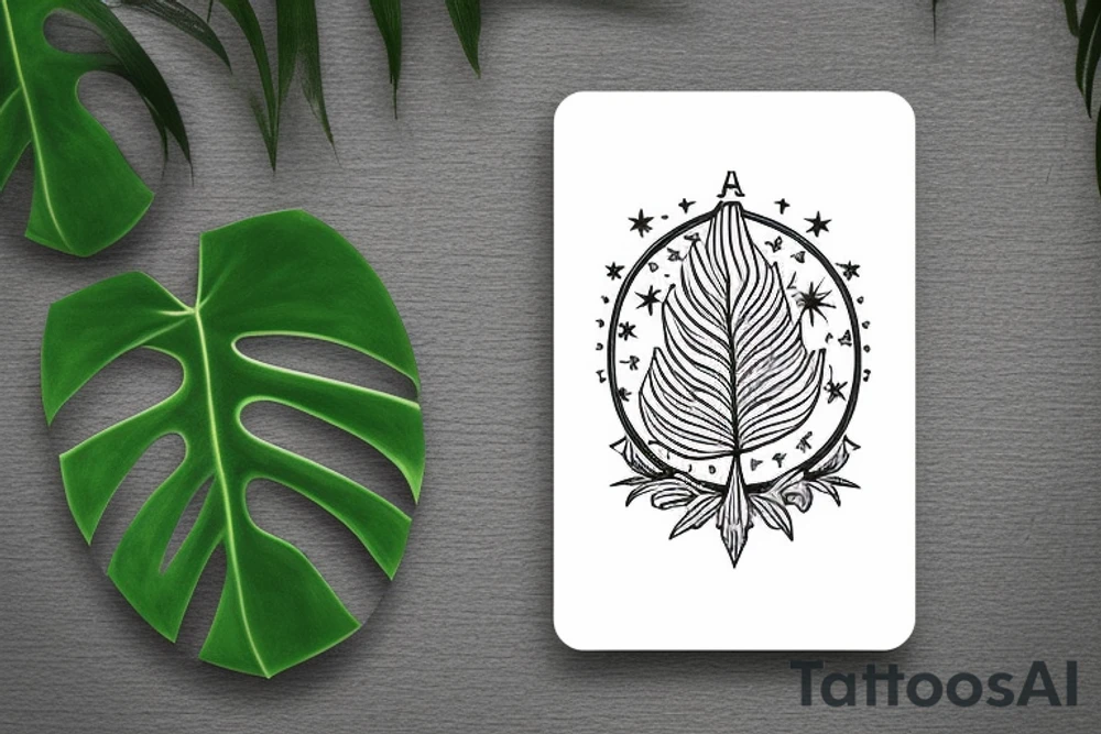 The star tarot card with water from a river along the edge and a starry background. Monstera deliciosa leaves in the bottom half of the card. XVII in the border. tattoo idea
