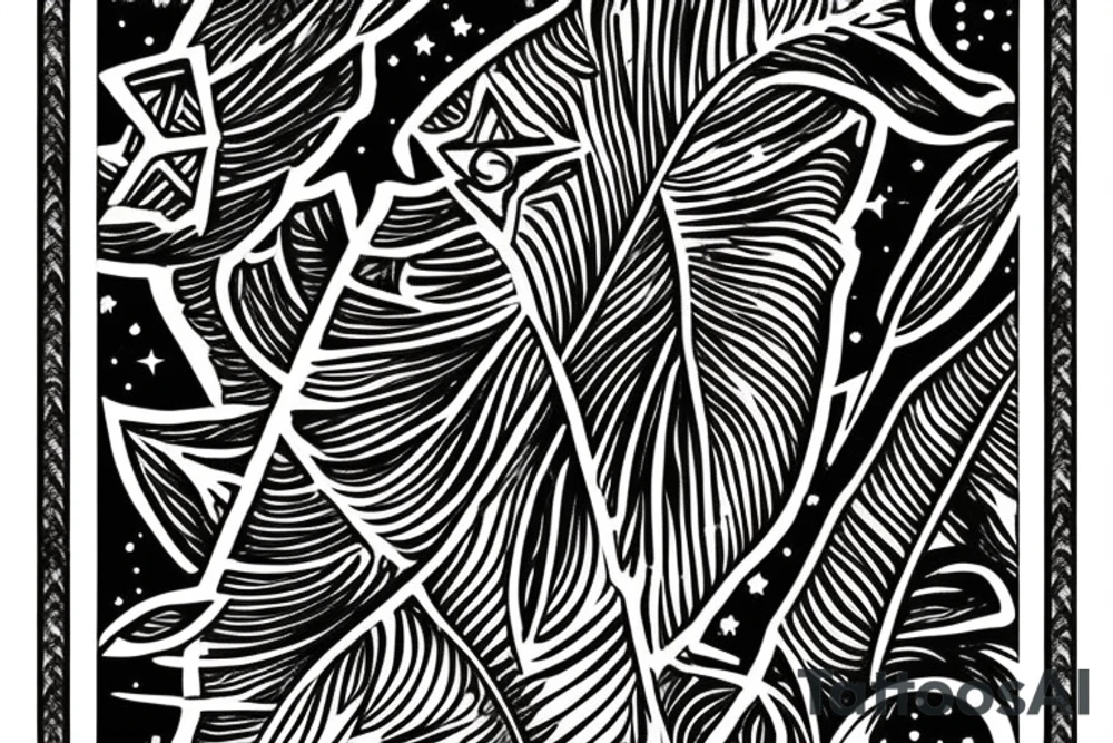 The star tarot card with water from a river along the edge and a starry background. Monstera deliciosa leaves in the bottom half of the card. XVII in the border. tattoo idea