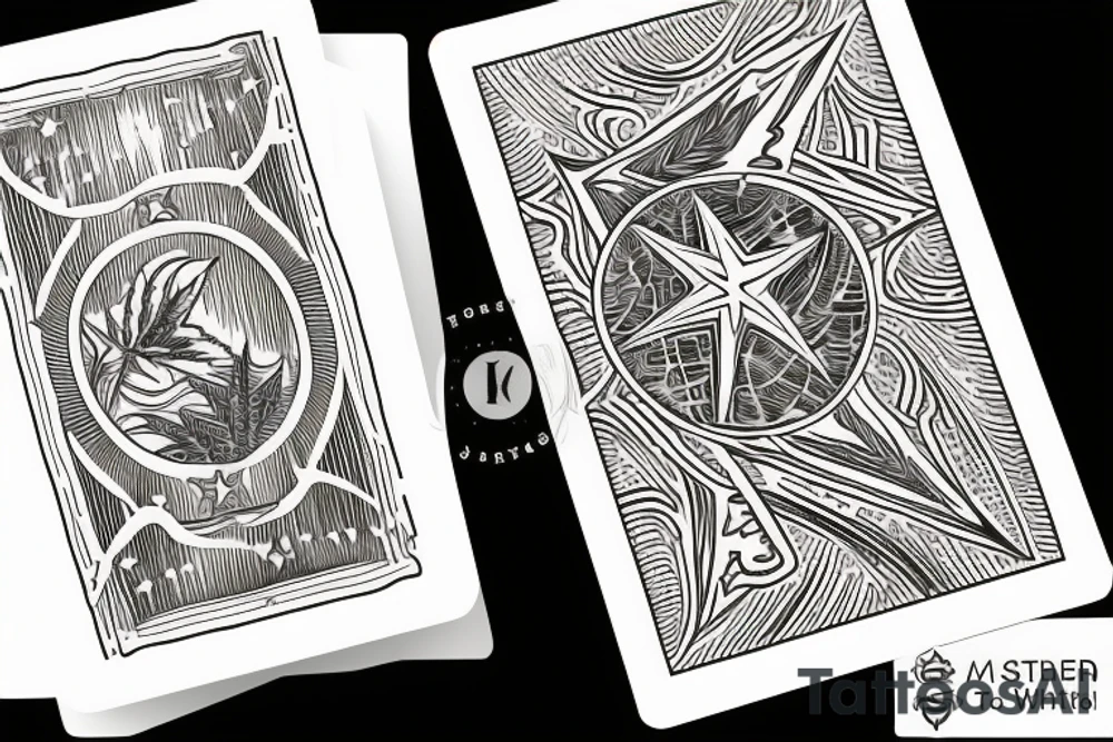 The star tarot card with water from a river along the edge and a starry background. Monstera deliciosa leaves in the bottom half of the card. XVII in the border. tattoo idea