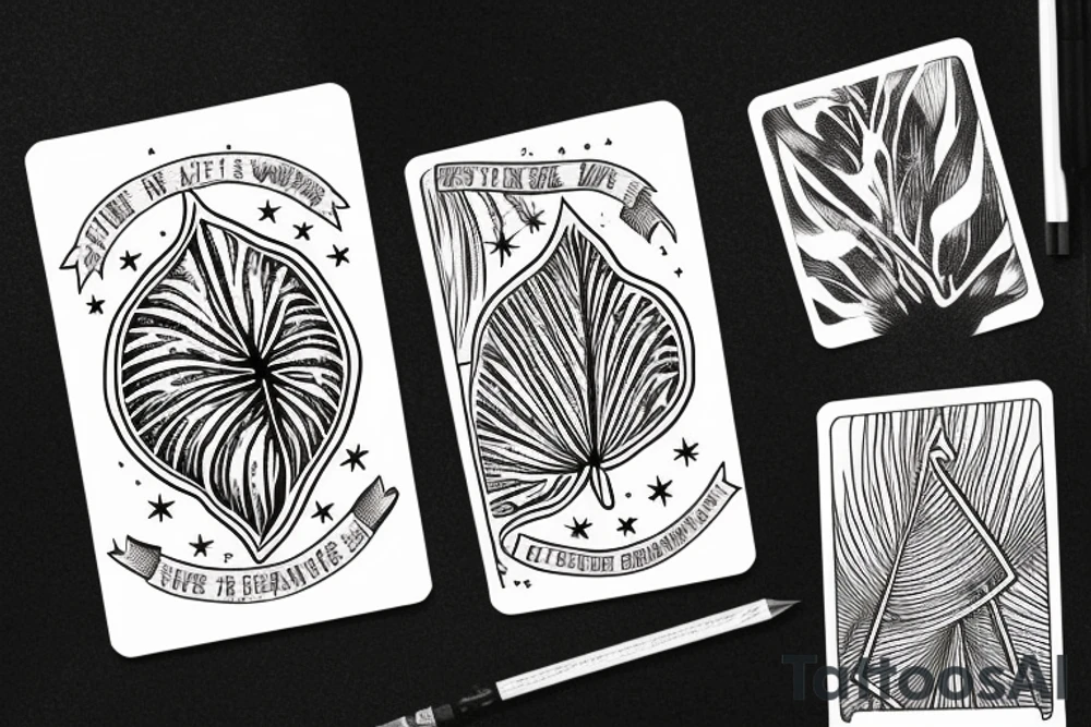 The star tarot card with water from a river along the edge and a starry background. Monstera deliciosa leaves in the bottom half of the card. XVII in the border. tattoo idea