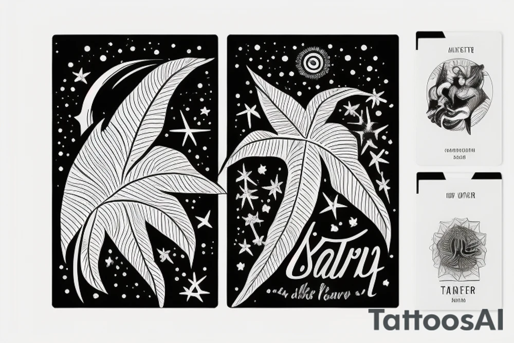 The star tarot card with water from a river along the edge and a starry background. Monstera deliciosa leaves in the bottom half of the card. XVII in the border. tattoo idea