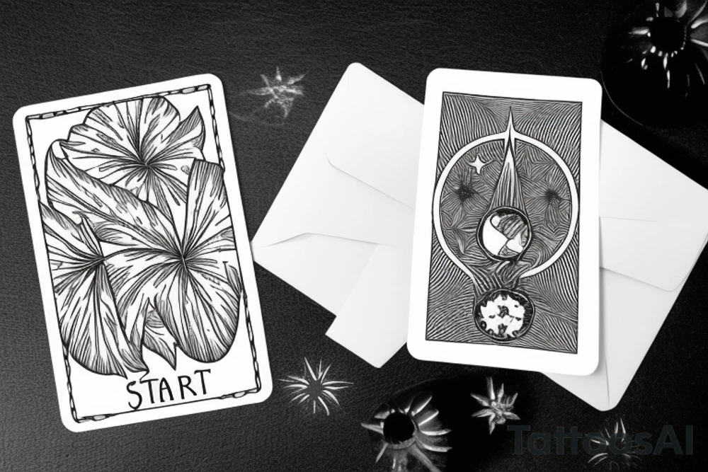 The star tarot card with water from a river along the edge and a starry background. Monstera deliciosa leaves in the bottom half of the card. XVII in the border. tattoo idea