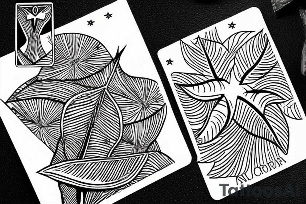 The star tarot card with water from a river along the edge and a starry background. Monstera deliciosa leaves in the bottom half of the card. XVII in the border. tattoo idea