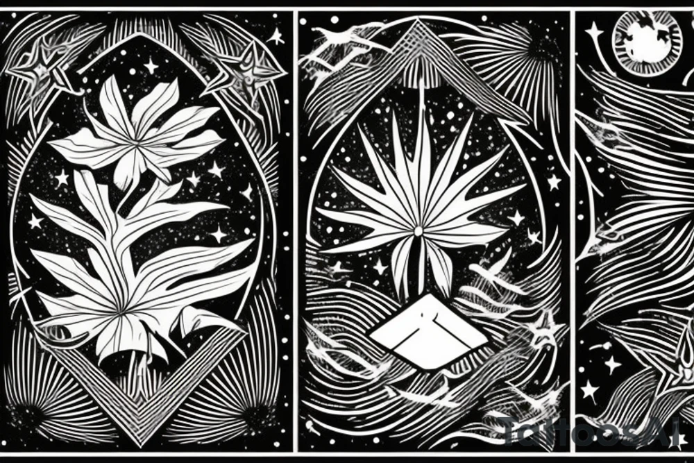 The star tarot card with water from a river along the edge and a starry background. Monstera deliciosa leaves in the bottom half of the card. XVII in the border. tattoo idea