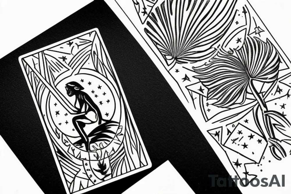The star tarot card with water from a river along the edge and a starry background. Monstera deliciosa leaves in the bottom half of the card. XVII in the border. tattoo idea