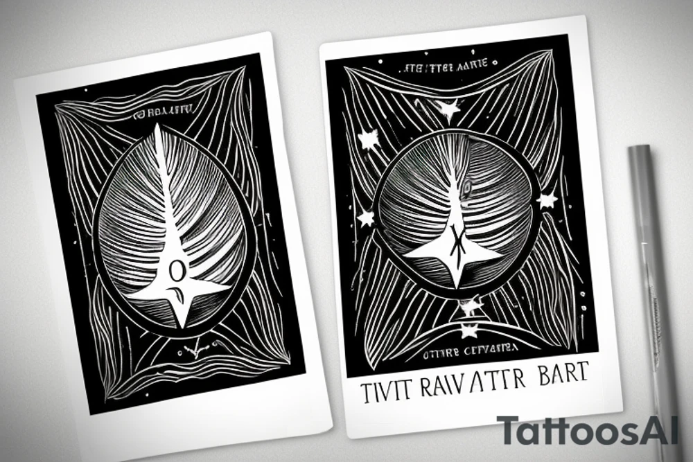 The star tarot card with water from a river along the edge and a starry background. Monstera deliciosa leaves in the bottom half of the card. XVII in the border. tattoo idea