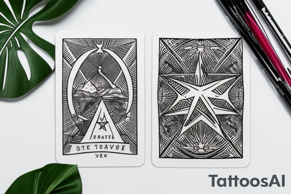 The star tarot card with water from a river along the edge and a starry background. Monstera deliciosa leaves in the bottom half of the card. XVII in the border. tattoo idea