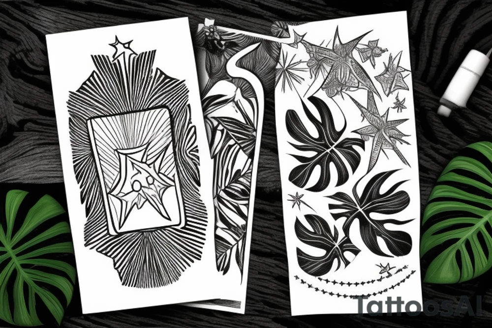 The star tarot card with water from a river along the edge and a starry background. Monstera deliciosa leaves in the bottom half of the card. XVII in the border. tattoo idea