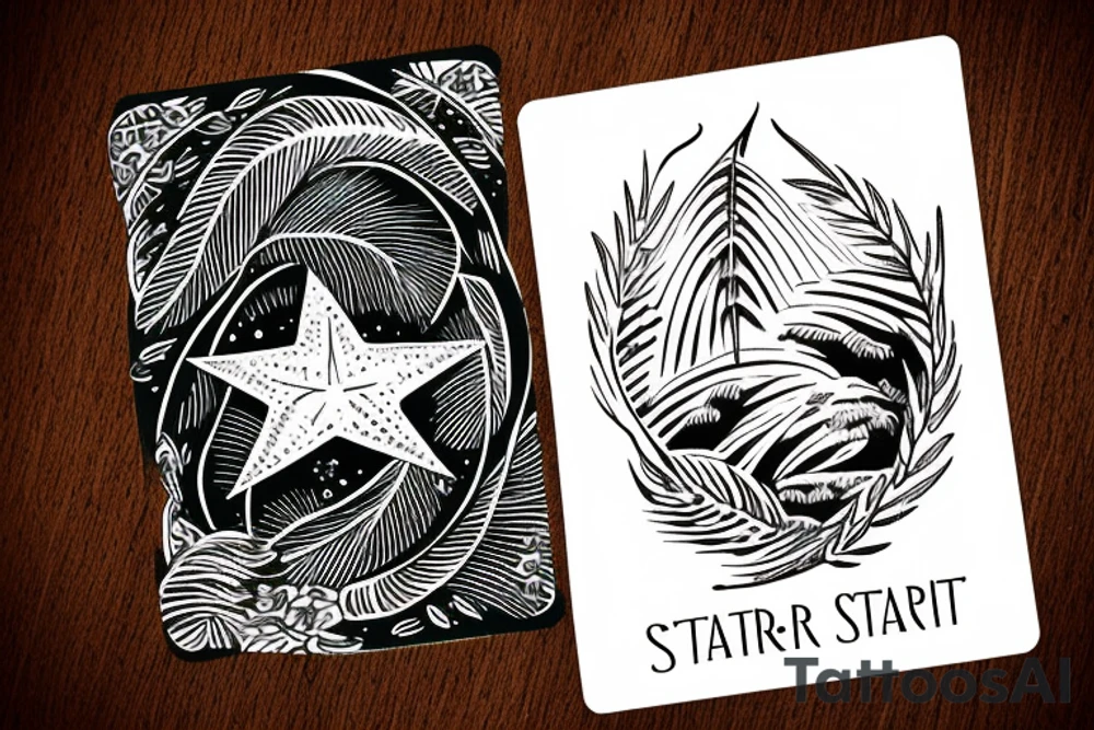 The star tarot card with water from a river along the edge and a starry background. Monstera deliciosa leaves in the bottom half of the card. XVII in the border. tattoo idea
