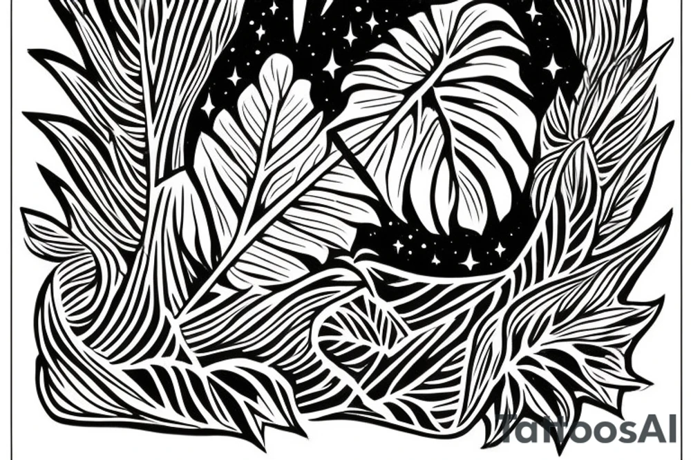 The star tarot card with water from a river along the edge and a starry background. Monstera deliciosa leaves in the bottom half of the card. XVII in the border. tattoo idea