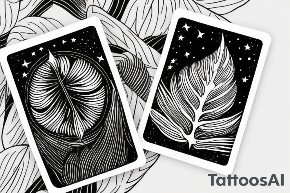 The star tarot card with water from a river along the edge and a starry background. Monstera deliciosa leaves in the bottom half of the card. XVII in the border. tattoo idea