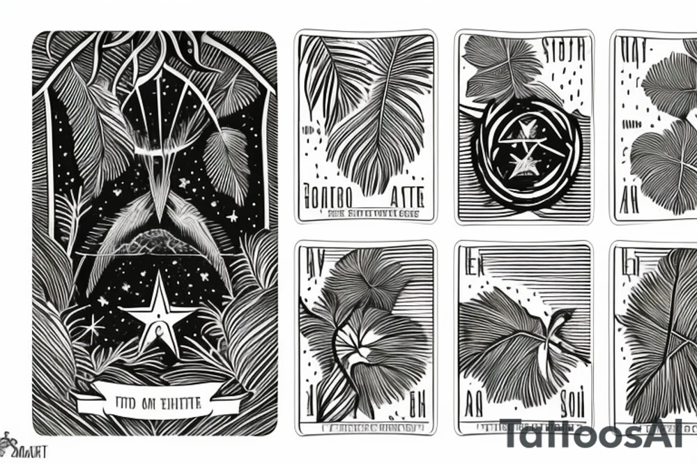 The star tarot card with water from a river along the edge and a starry background. Monstera deliciosa leaves in the bottom half of the card. XVII in the border. tattoo idea