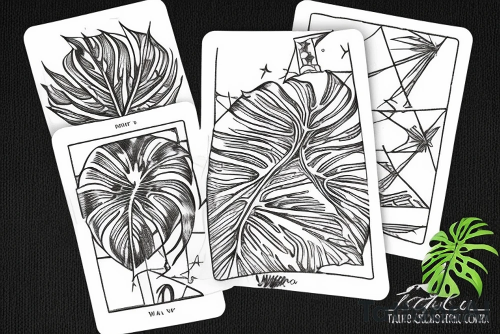 The star tarot card with water from a river along the edge and a starry background. Monstera deliciosa leaves in the bottom half of the card. XVII in the border. tattoo idea