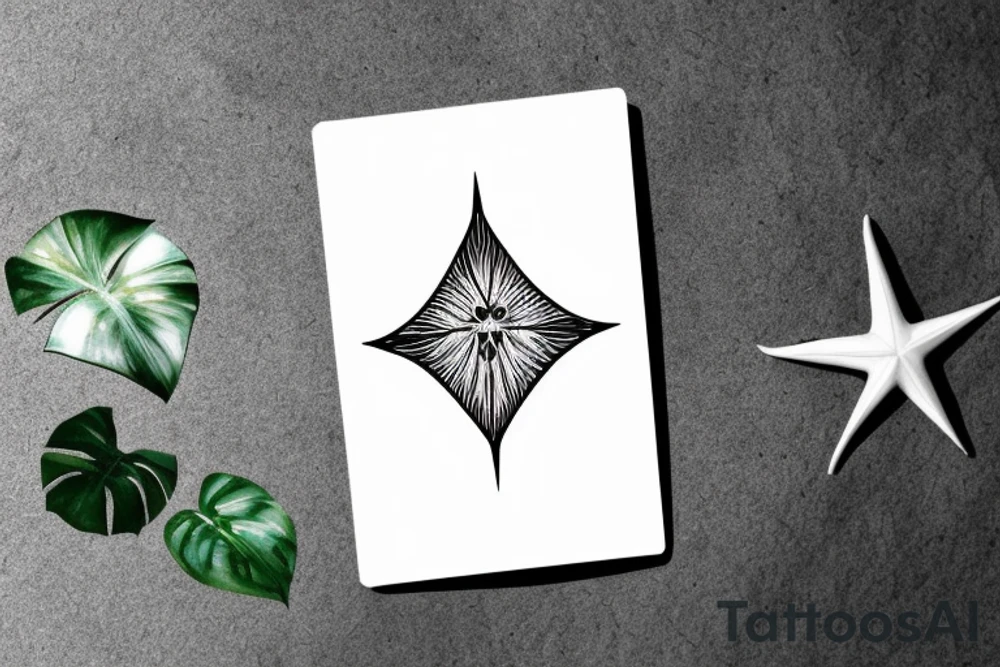 The star tarot card with water from a river along the edge and a starry background. Monstera deliciosa leaves in the bottom half of the card. XVII in the border. tattoo idea