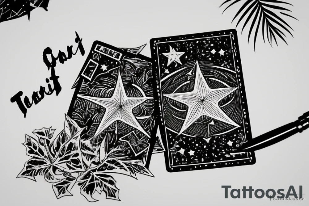 The star tarot card with water from a river along the edge and a starry background. Monstera deliciosa leaves in the bottom half of the card. XVII in the border. tattoo idea