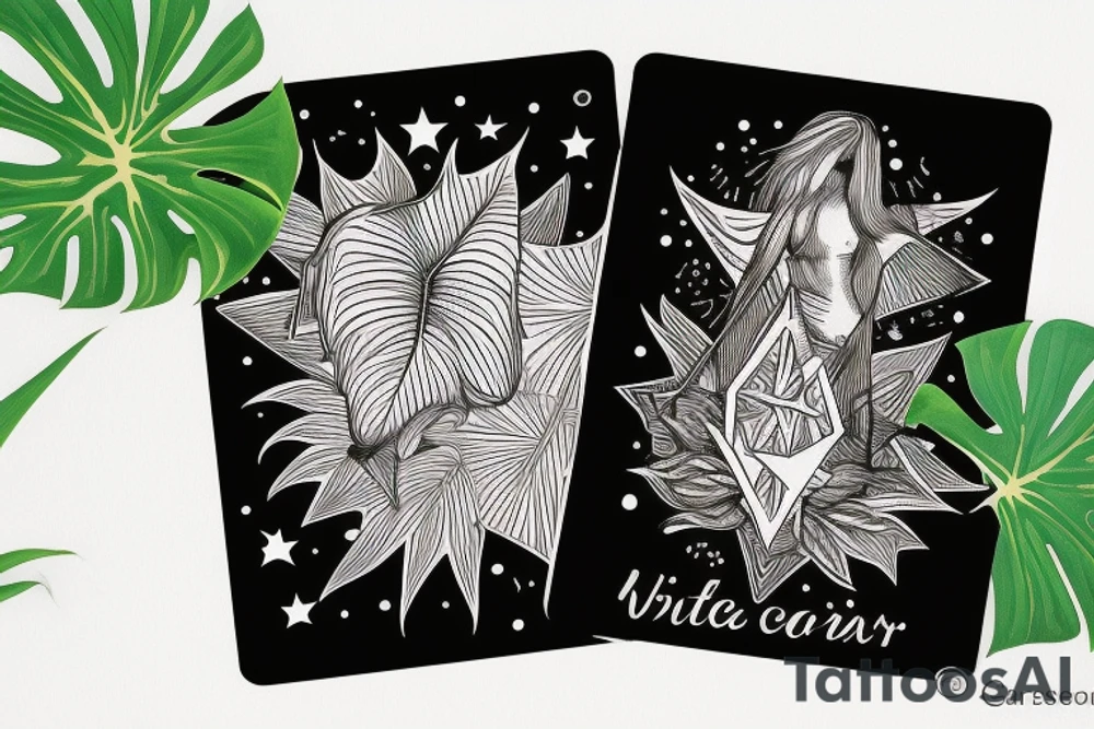 The star tarot card with water from a river along the edge and a starry background. Monstera deliciosa leaves in the bottom half of the card. XVII in the border. tattoo idea