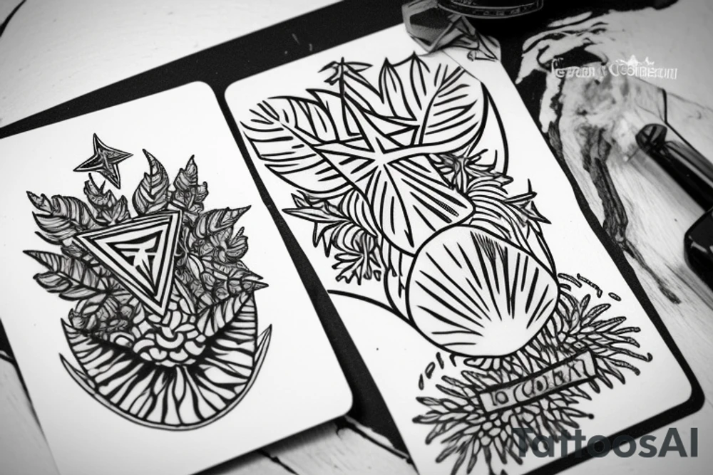 The star tarot card with water from a river along the edge and a starry background. Monstera deliciosa leaves in the bottom half of the card. XVII in the border. tattoo idea