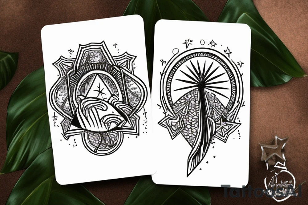 The star tarot card with water from a river along the edge and a starry background. Monstera deliciosa leaves in the bottom half of the card. XVII in the border. tattoo idea