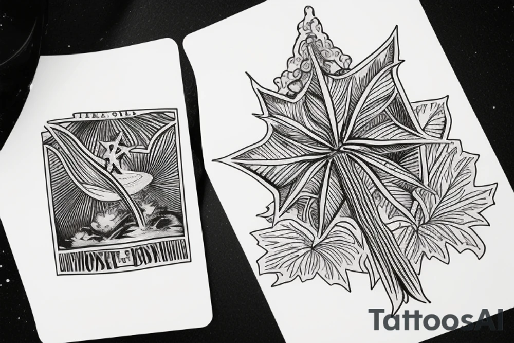 The star tarot card with water from a river along the edge and a starry background. Monstera deliciosa leaves in the bottom half of the card. XVII in the border. tattoo idea