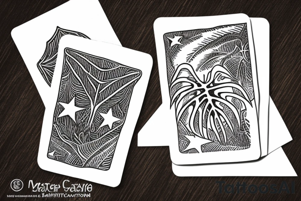 The star tarot card with water from a river along the edge and a starry background. Monstera deliciosa leaves in the bottom half of the card. XVII in the border. tattoo idea