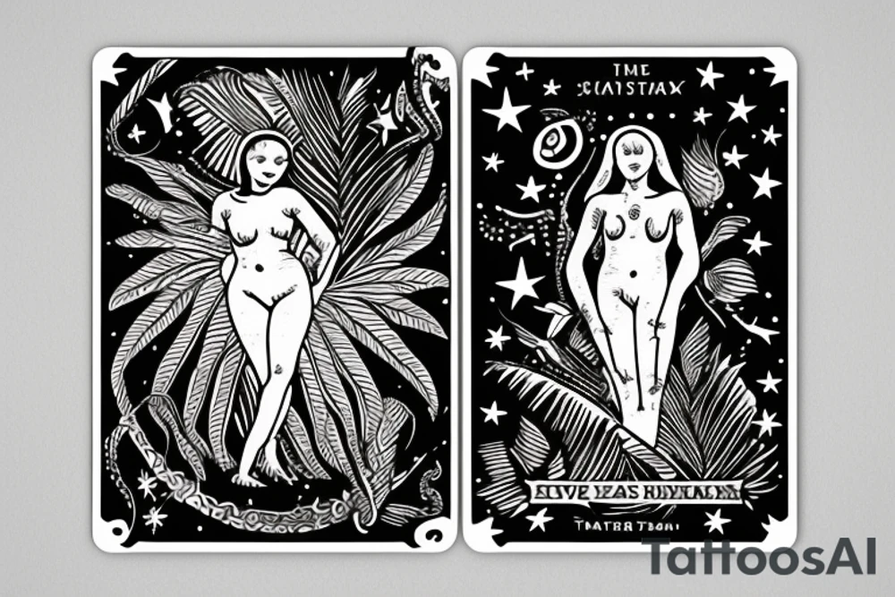 The star tarot card with water from a river along the edge and a starry background. Monstera deliciosa leaves in the bottom half of the card. XVII in the border. tattoo idea