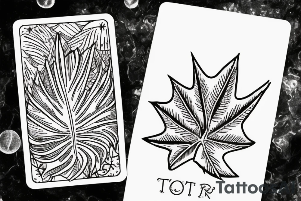 The star tarot card with water from a river along the edge and a starry background. Monstera deliciosa leaves in the bottom half of the card. XVII in the border. tattoo idea