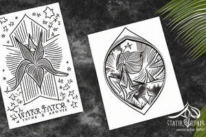 The star tarot card with water from a river along the edge and a starry background. Monstera deliciosa leaves in the bottom half of the card. XVII in the border. tattoo idea