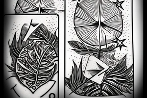 The star tarot card with water from a river along the edge and a starry background. Monstera deliciosa leaves in the bottom half of the card. XVII in the border. tattoo idea