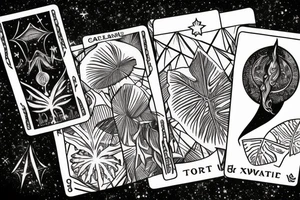 The star tarot card with water from a river along the edge and a starry background. Monstera deliciosa leaves in the bottom half of the card. XVII in the border. tattoo idea