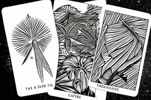 The star tarot card with water from a river along the edge and a starry background. Monstera deliciosa leaves in the bottom half of the card. XVII in the border. tattoo idea