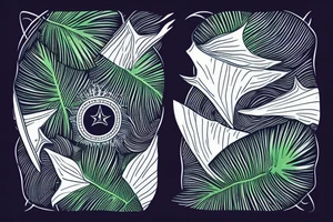 The star tarot card with water from a river along the edge and a starry background. Monstera deliciosa leaves in the bottom half of the card. XVII in the border. tattoo idea