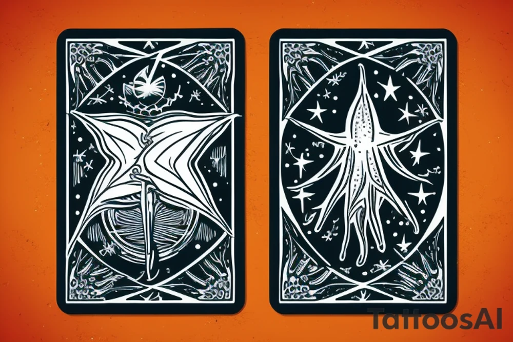 The star tarot card with water from a river along the edge and a starry background. Monstera deliciosa leaves in the bottom half of the card. XVII in the border. tattoo idea