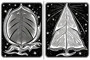 The star tarot card with water from a river along the edge and a starry background. Monstera deliciosa leaves in the bottom half of the card. XVII in the border. tattoo idea