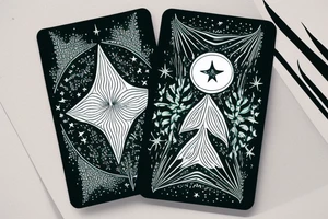 The star tarot card with water from a river along the edge and a starry background. Monstera deliciosa leaves in the bottom half of the card. XVII in the border. tattoo idea