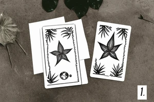 The star tarot card with water from a river along the edge and a starry background. Monstera deliciosa leaves in the bottom half of the card. XVII in the border. tattoo idea