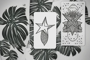 The star tarot card with water from a river along the edge and a starry background. Monstera deliciosa leaves in the bottom half of the card. XVII in the border. tattoo idea
