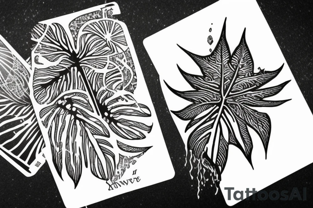 The star tarot card with water from a river along the edge and a starry background. Monstera deliciosa leaves in the bottom half of the card. XVII in the border. tattoo idea