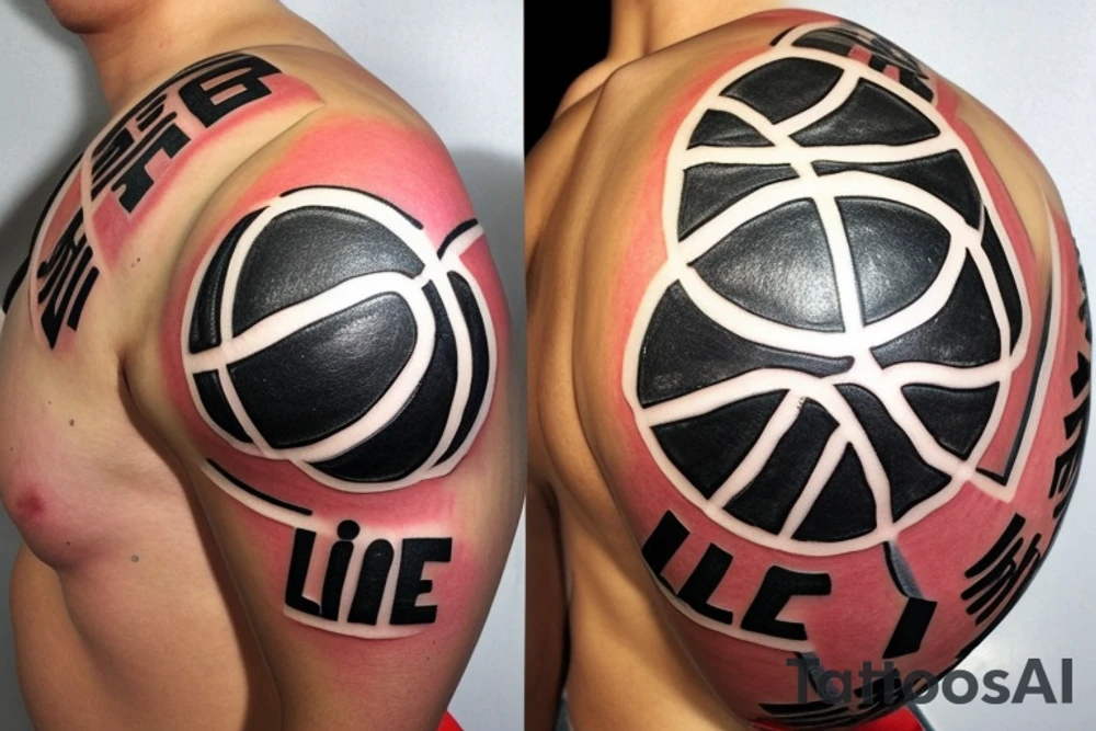 I want you to make a beautiful round basketball with japanese letters on top that says ball is life tattoo idea