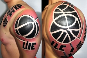 I want you to make a beautiful round basketball with japanese letters on top that says ball is life tattoo idea