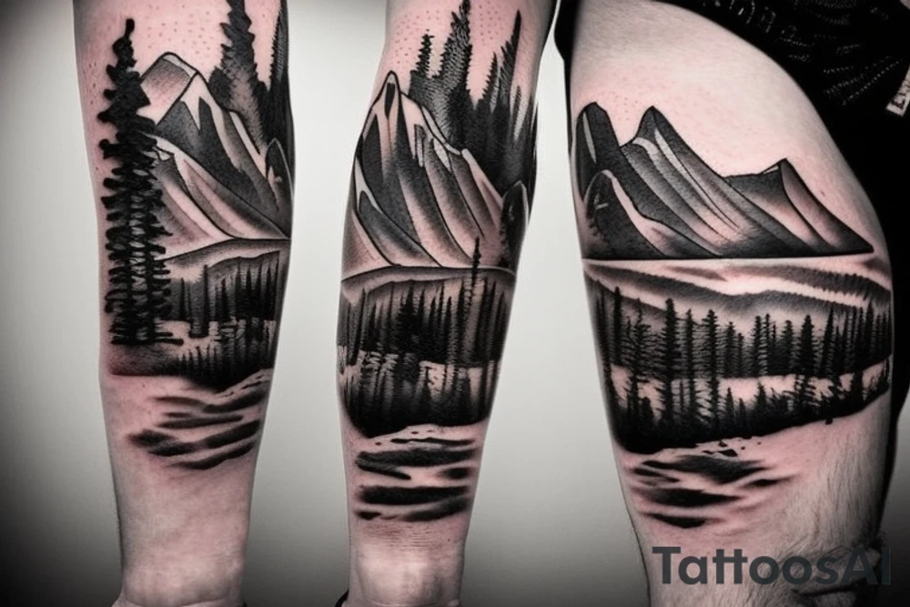 generate a forearm tattoo idea with mountains and a cowboy sitting on a horse tattoo idea